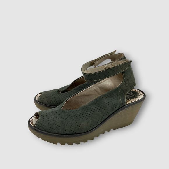 Fly London Olive Green Perforated Leather Wedge Sandals Size 41 - Picture 7 of 8